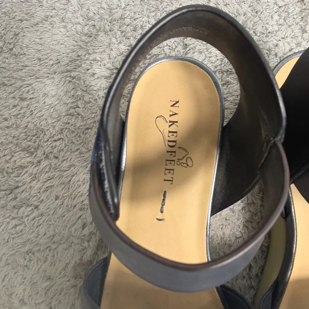 Naked Feet‎ Koda Platform Wedge Sandals Navy Blue Leather Womens 8.5 Good